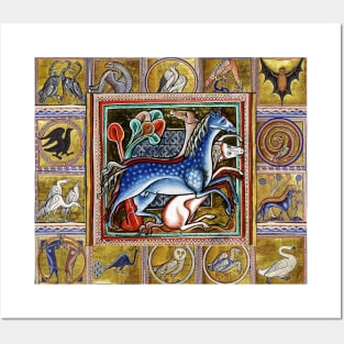 MEDIEVAL BESTIARY THREE HORSES, FANTASTIC ANIMALS IN GOLD RED BLUE COLORS Posters and Art